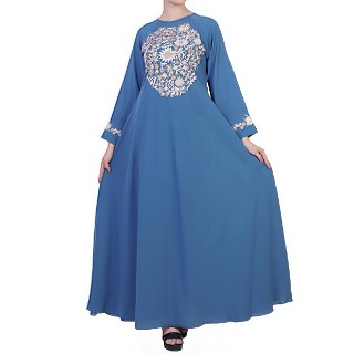 Embroidered umbrella dress abaya- French Blue